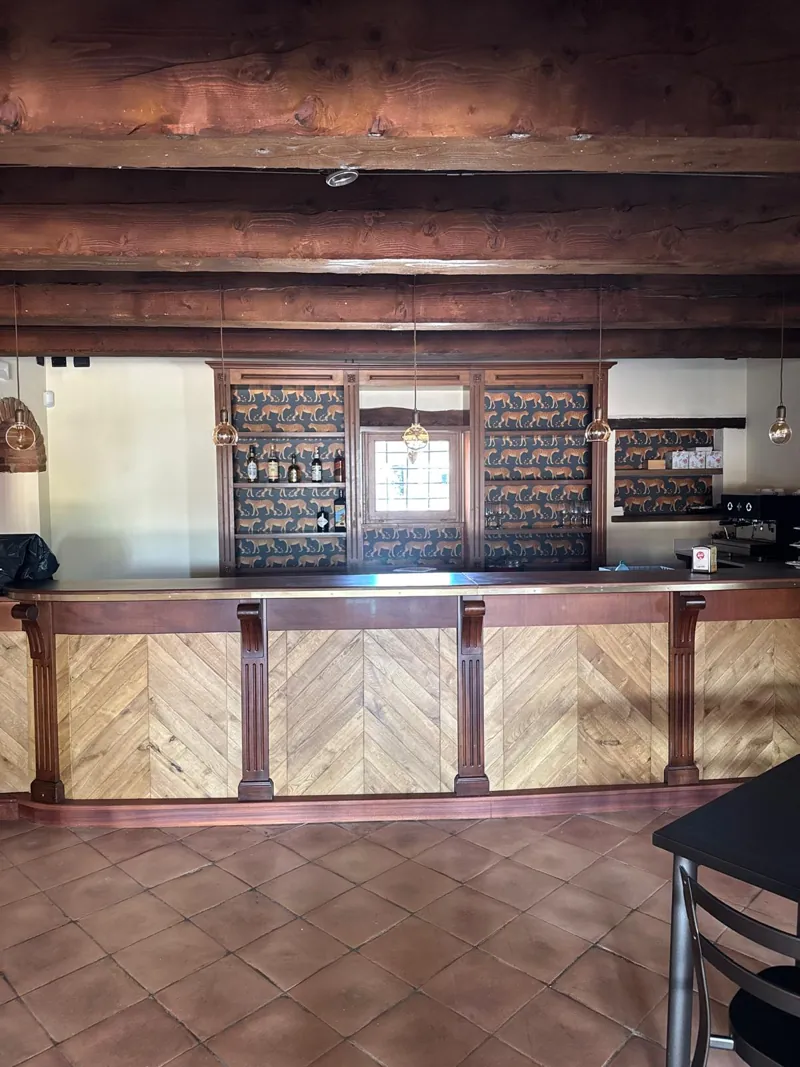 Il bancone del bar con la boiserie a gattopardi